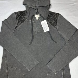 Lori Goldstein Black‎ Charcoal Gray Quilted Shoulder Hoodie Top Cozycore Soft